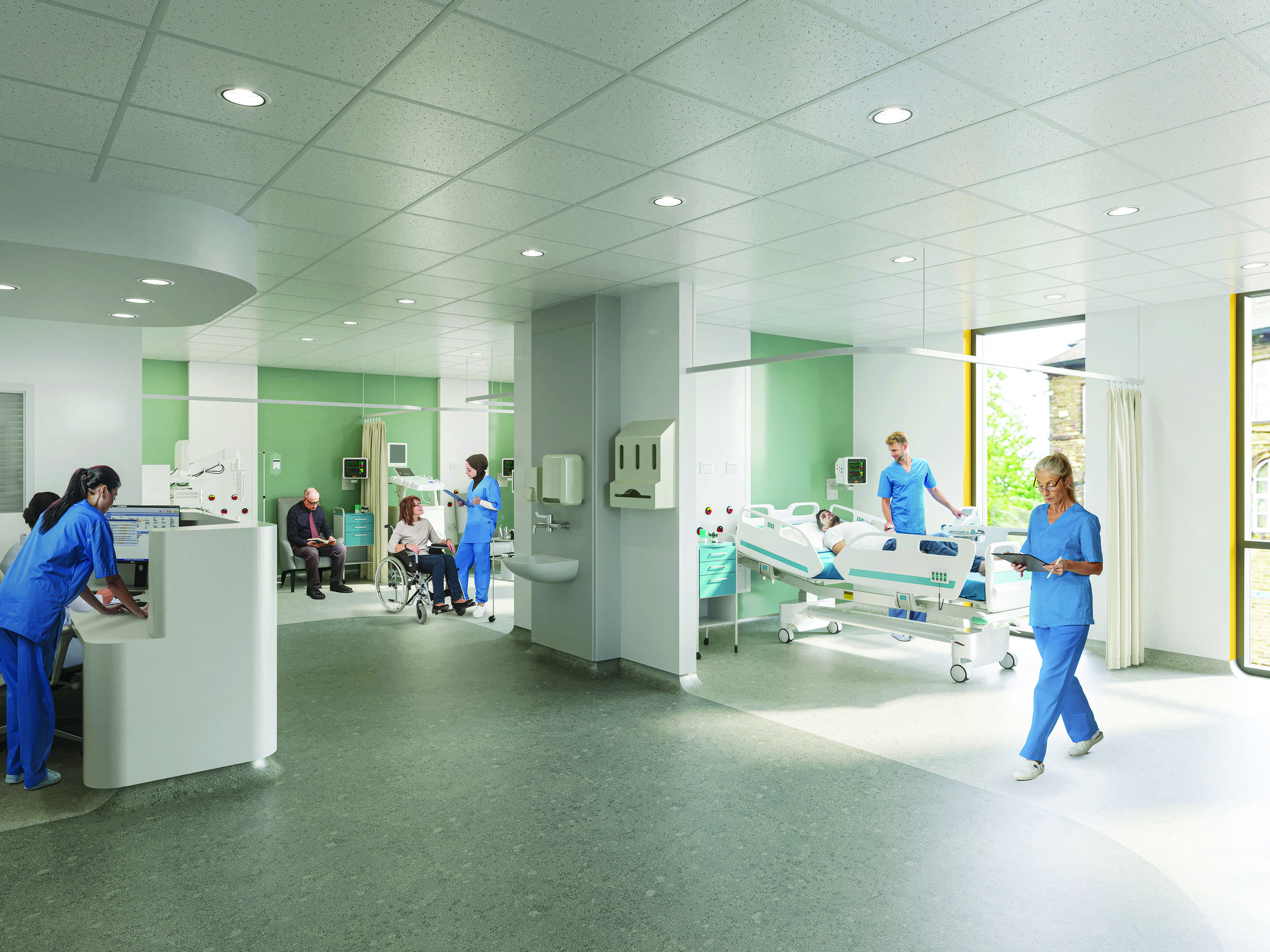 Architectural render of the internal layout of the new day case unit. A number of clinicians are treating patients. To the left there is a nurses' station.
