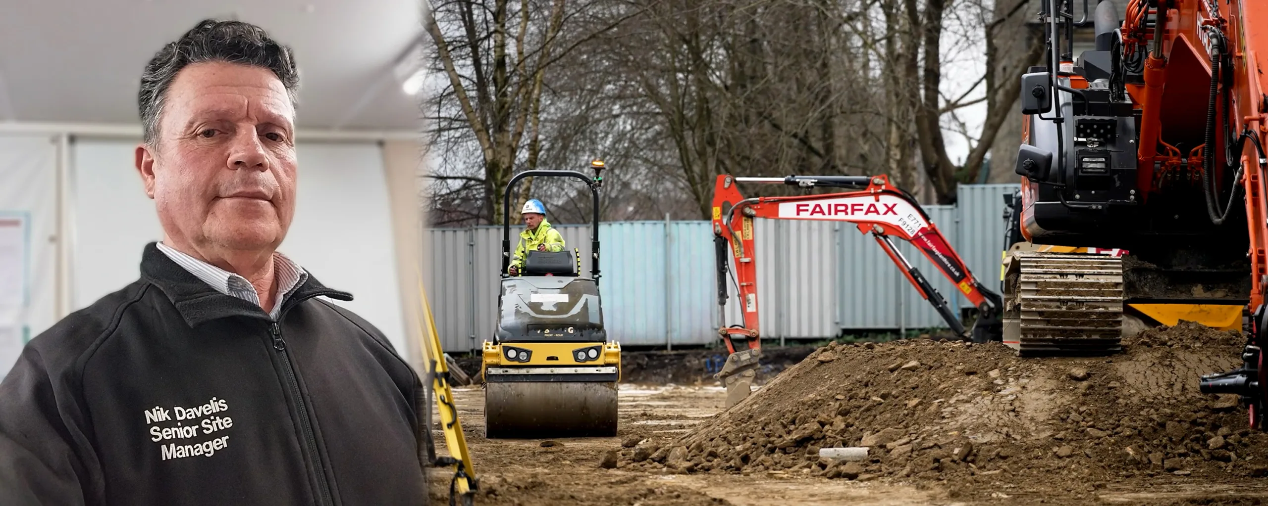 On the left is a head and shoulders shot of Nik Devalis. On the right is a scene from a building site, with a small digger and a roller, there is a site cabin in the background.