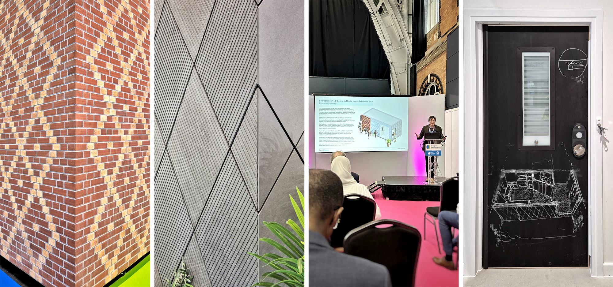 Close up details of some of the project's external finishes, as well as a photograpph of Louis delivering his keynote address at the conference