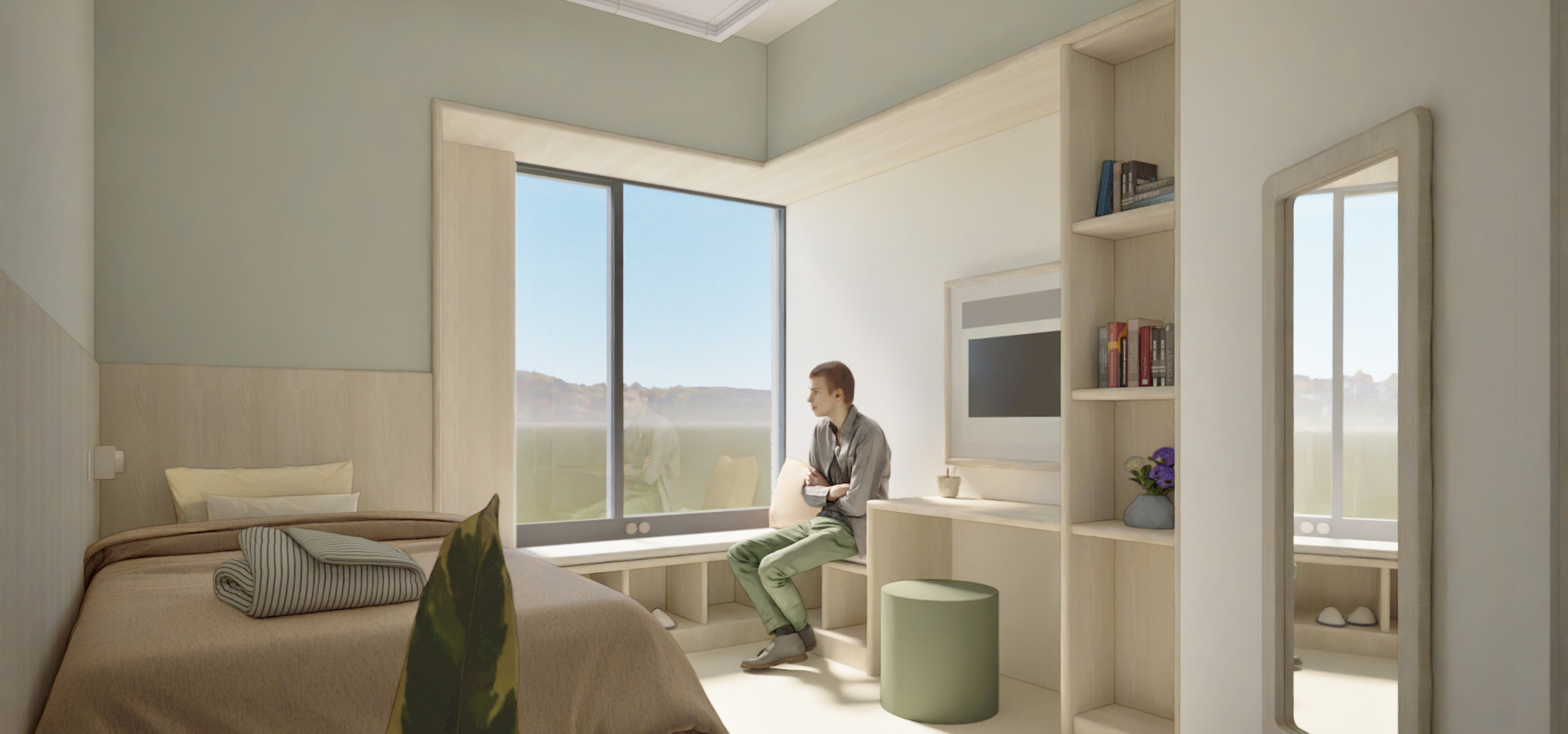 Architectural render of the Bedroom Evolved project, showing a wide view of the room, with a man sat at the window seat in the far corner